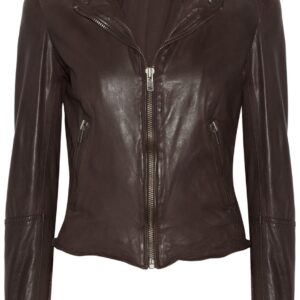 Front view of Flora brown leather biker jacket with asymmetric zipper and collar