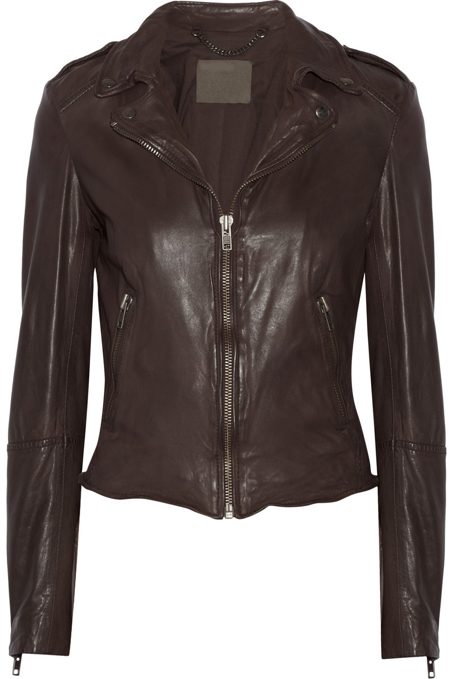 Front view of Flora brown leather biker jacket with asymmetric zipper and collar Front view of Flora brown leather biker jacket with asymmetric zipper and collar