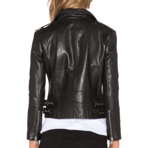 Back of Gwen leather jacket showing contoured tailoring and zipped cuffs