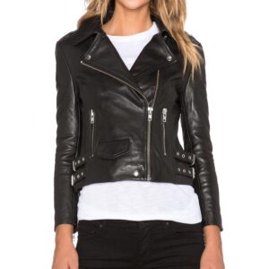 Model wearing Gwen biker jacket paired with jeans