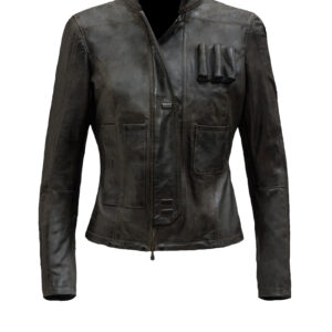 Front view of Han Solo women leather jacket with screen-accurate stitching and zipper