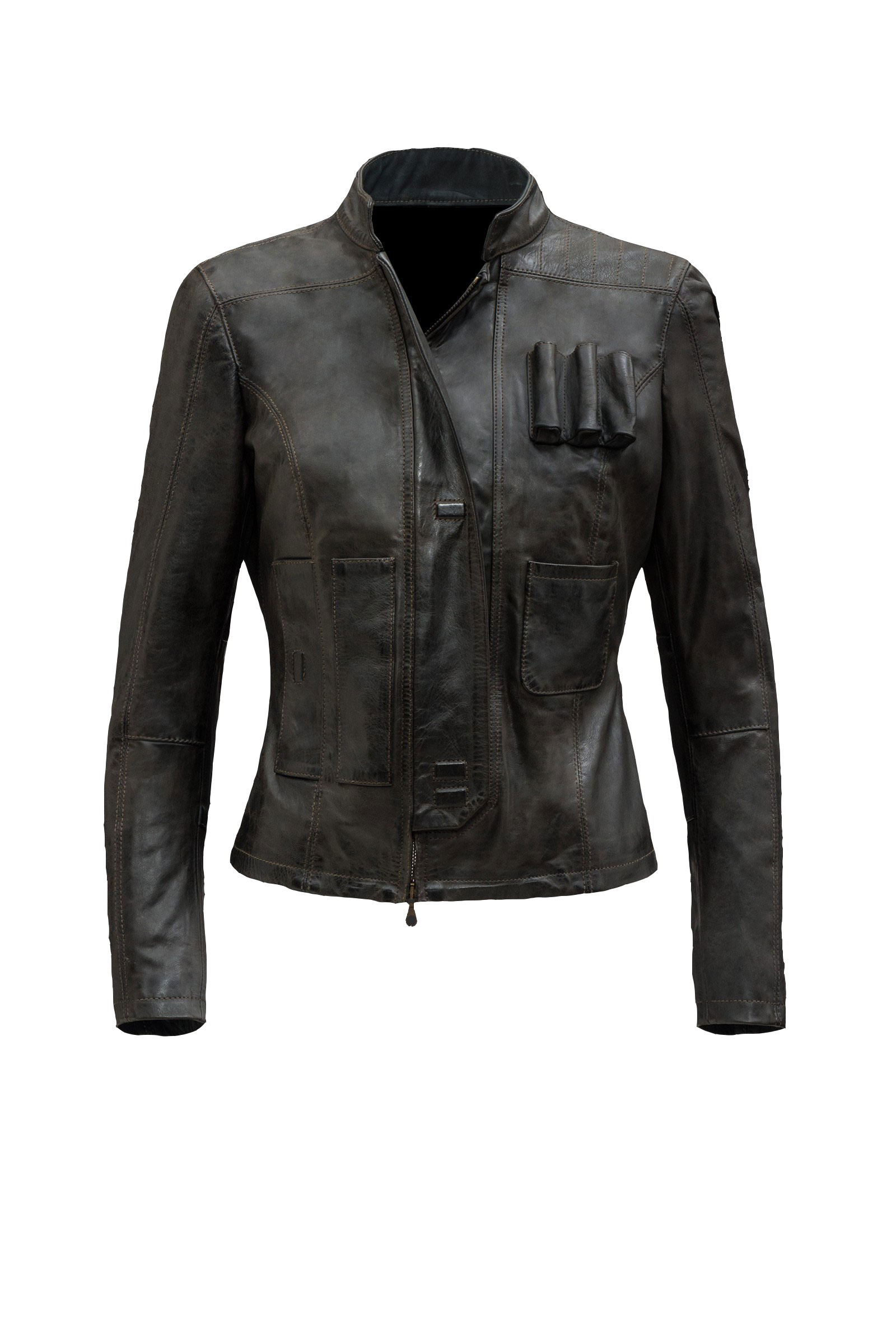Front view of Han Solo women leather jacket with screen-accurate stitching and zipper Front view of Han Solo women leather jacket with screen-accurate stitching and zipper
