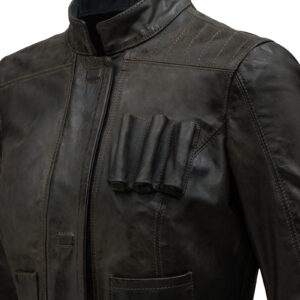 Side profile of women’s leather jacket inspired by Han Solo’s movie outfit
