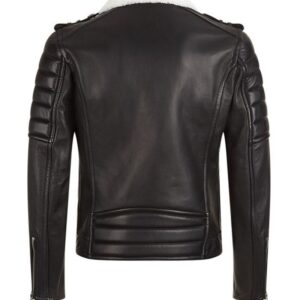 Back of Harold leather jacket showing fitted cut and soft inner fur lining
