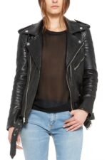 Front view of Kendrick black leather biker jacket with zipper and sleek collar design