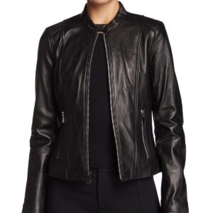 Model wearing Madame leather jacket styled with skirt