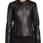 Front view of Madame black leather jacket with fitted silhouette and silver zipper