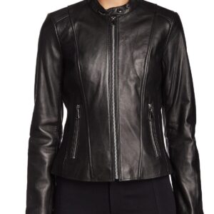 Front view of Madame black leather jacket with fitted silhouette and silver zipper