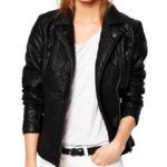 Model wearing Nexi leather jacket with quilted shoulders