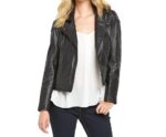 Front view of Nicole black leather biker jacket with classic lapels and asymmetric zipper