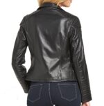Back of premium black leather texture and zipper detailing on Nicole jacket