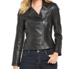 Model styled in Nicole leather jacket, dark denim