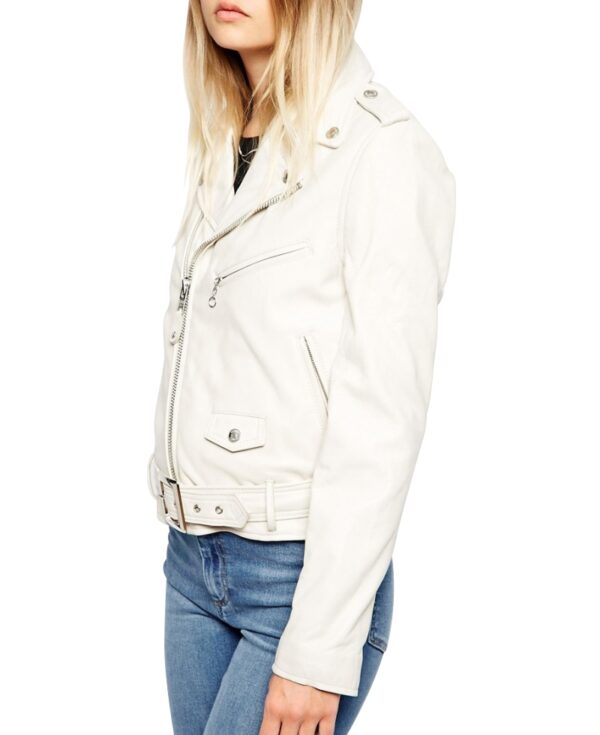 Side profile of Pearl white biker jacket highlighting fitted waist and sleek sleeves