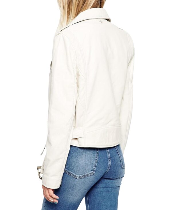 Back of soft white leather grain and silver zipper hardware on Pearl jacket