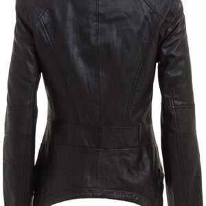 Back of black leather texture and zipper detailing on Sage jacket