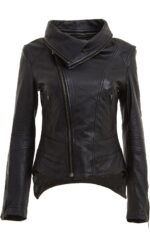 Front view of Sage black leather biker jacket with clean lapels and zip front