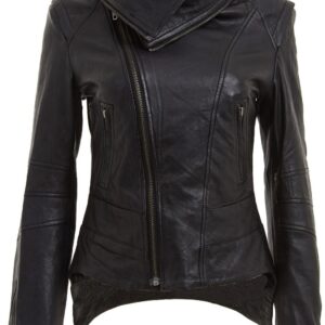 Front view of Sage black leather biker jacket with clean lapels and zip front