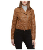 Sienna leather jacket showing fitted silhouette and strong shoulder cut