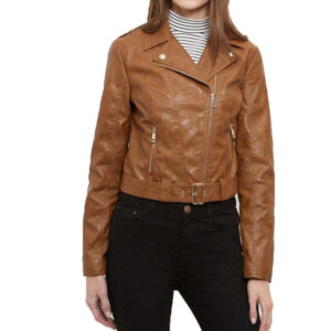 Sienna leather jacket showing fitted silhouette and strong shoulder cut