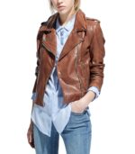 Front view of Stella brown leather biker jacket with detailed lapels and zipper