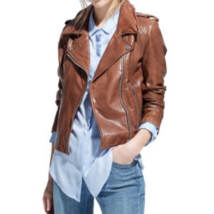 Front view of Stella brown leather biker jacket with detailed lapels and zipper