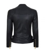 Back of Verbod dark black leather jacket highlighting inner lining and seam detailing