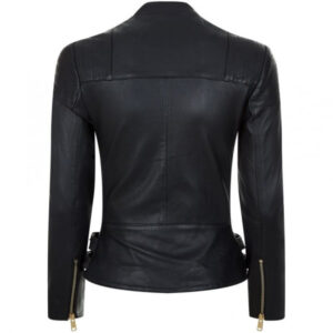 Back of Verbod dark black leather jacket highlighting inner lining and seam detailing
