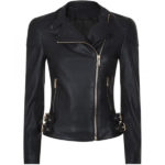 Front view of Verbod dark black leather jacket with clean lines and matte finish