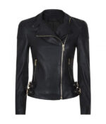 Front view of Verbod dark black leather jacket with clean lines and matte finish