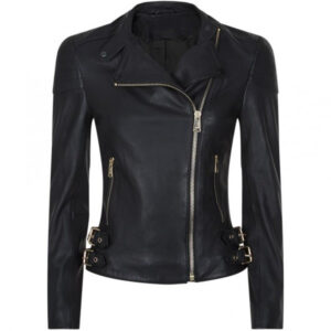 Front view of Verbod dark black leather jacket with clean lines and matte finish