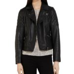 Front view of Veronica black leather biker jacket with feminine cut and silver hardware