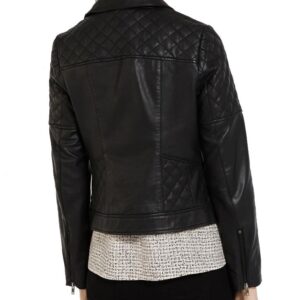 Back of Veronica leather jacket showing slim fit and structured shoulders