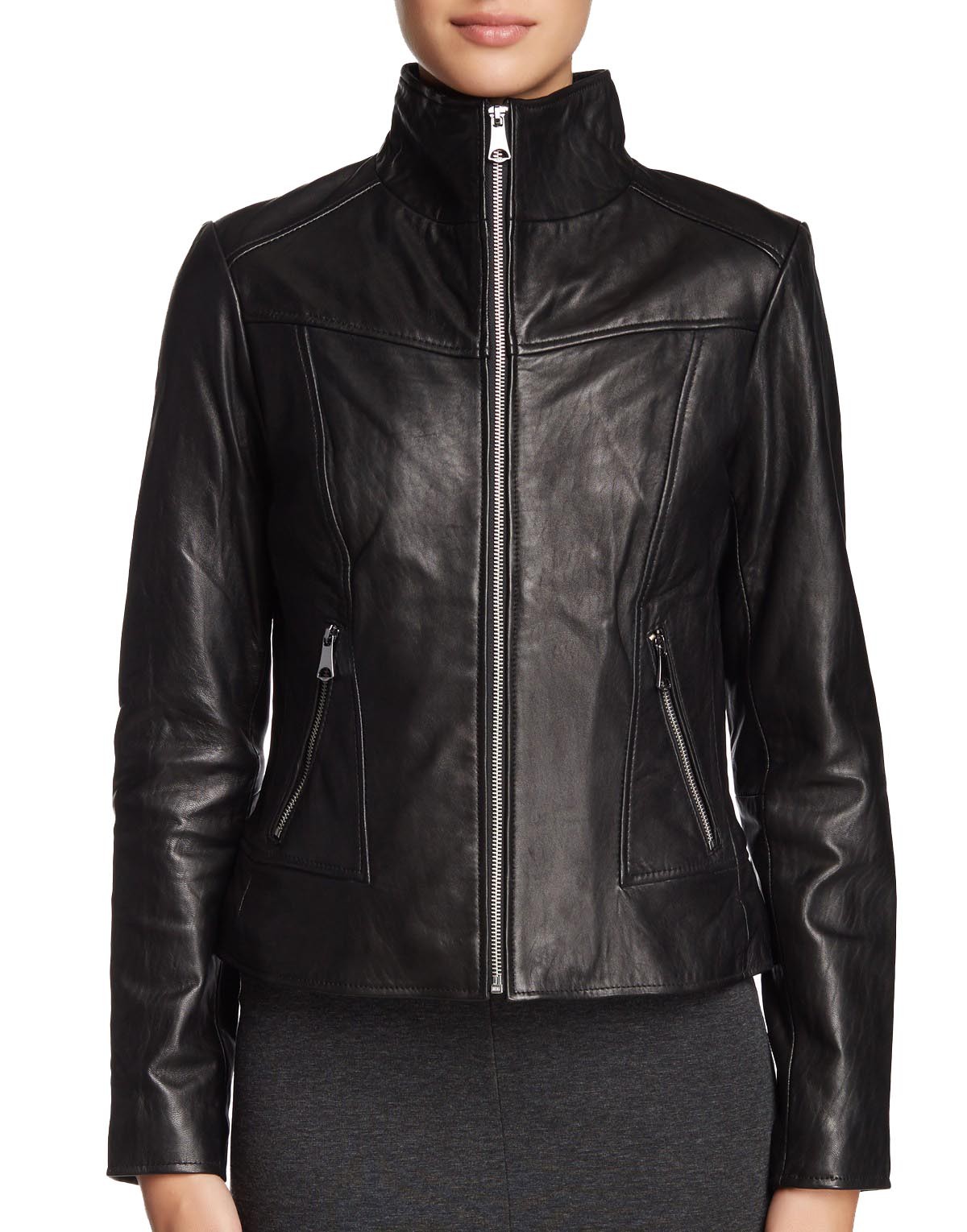 Woman wearing Victoria biker jacket paired with black jeans Woman wearing Victoria biker jacket paired with black jeans