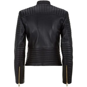 Back of high-quality black leather texture on Vinchi jacket with fine stitching