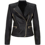Front view of Vinchi black leather jacket with minimalist zipper and tailored structure