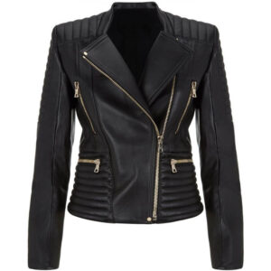Front view of Vinchi black leather jacket with minimalist zipper and tailored structure
