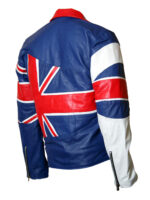 Back of blue leather jacket with bold Union Jack print on the back