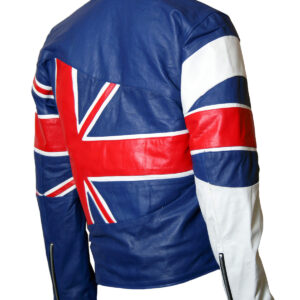 Back of blue leather jacket with bold Union Jack print on the back