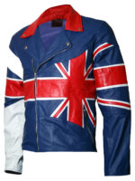 Front view of UK England flag blue leather jacket with full zip and Union Jack patch