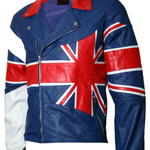Front view of UK England flag blue leather jacket with full zip and Union Jack patch
