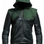 Model wearing Arrow hooded leather jacket with iconic vigilante styling