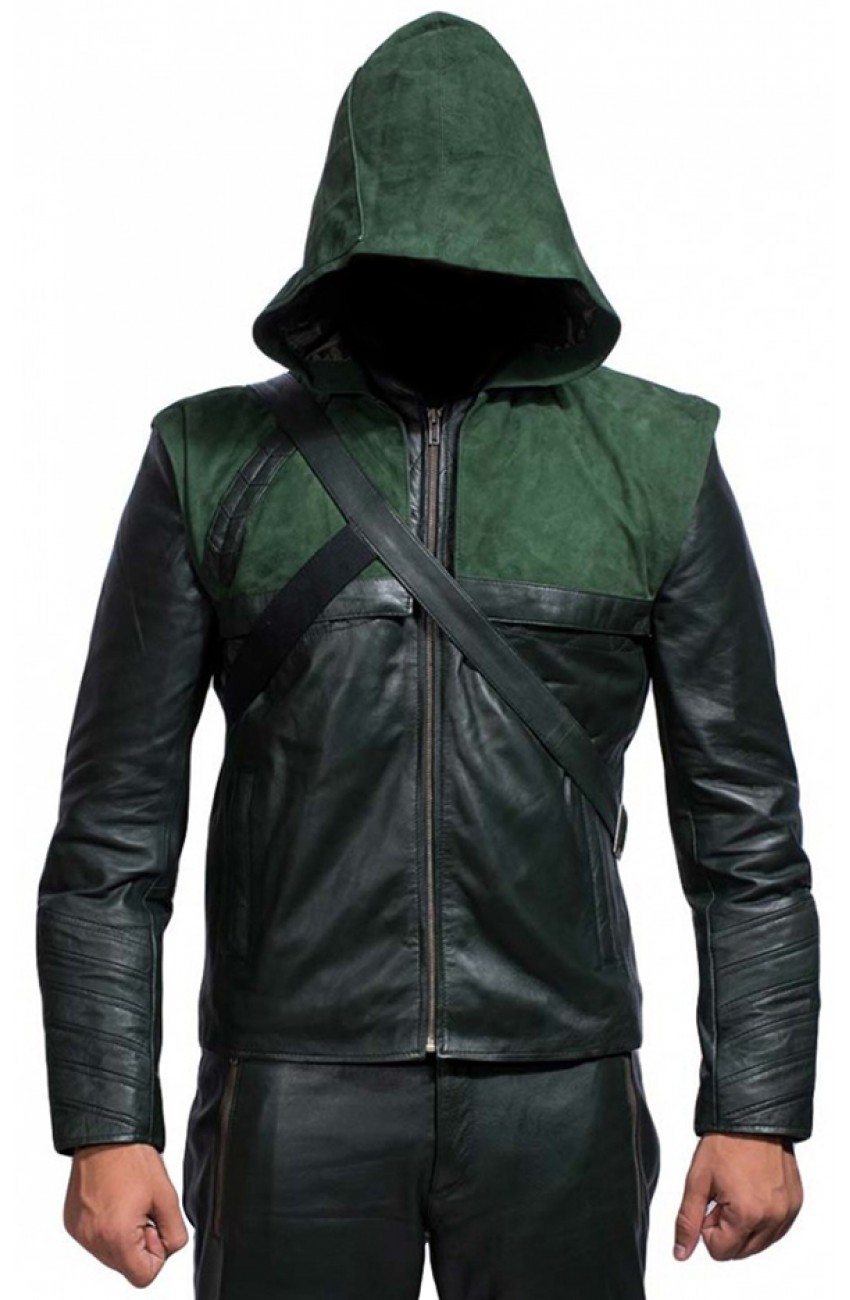 Model wearing Arrow hooded leather jacket with iconic vigilante styling Model wearing Arrow hooded leather jacket with iconic vigilante styling