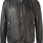 Front view of Clayton black leather jacket with sleek finish and classic collar