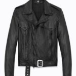 Front view of Coalman black leather biker jacket with heavy-duty zippers and sharp lapels