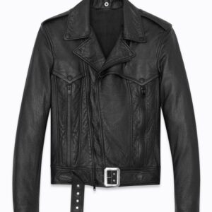Front view of Coalman black leather biker jacket with heavy-duty zippers and sharp lapels