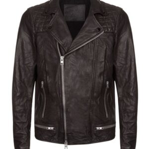 Front view of Derek black leather biker jacket with classic lapels and zip fastening
