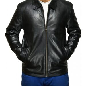 Front view of Diego black leather jacket with modern collar and zip fastening
