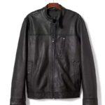 Front view of Drake black leather biker jacket with sleek zip closure and lapel collar