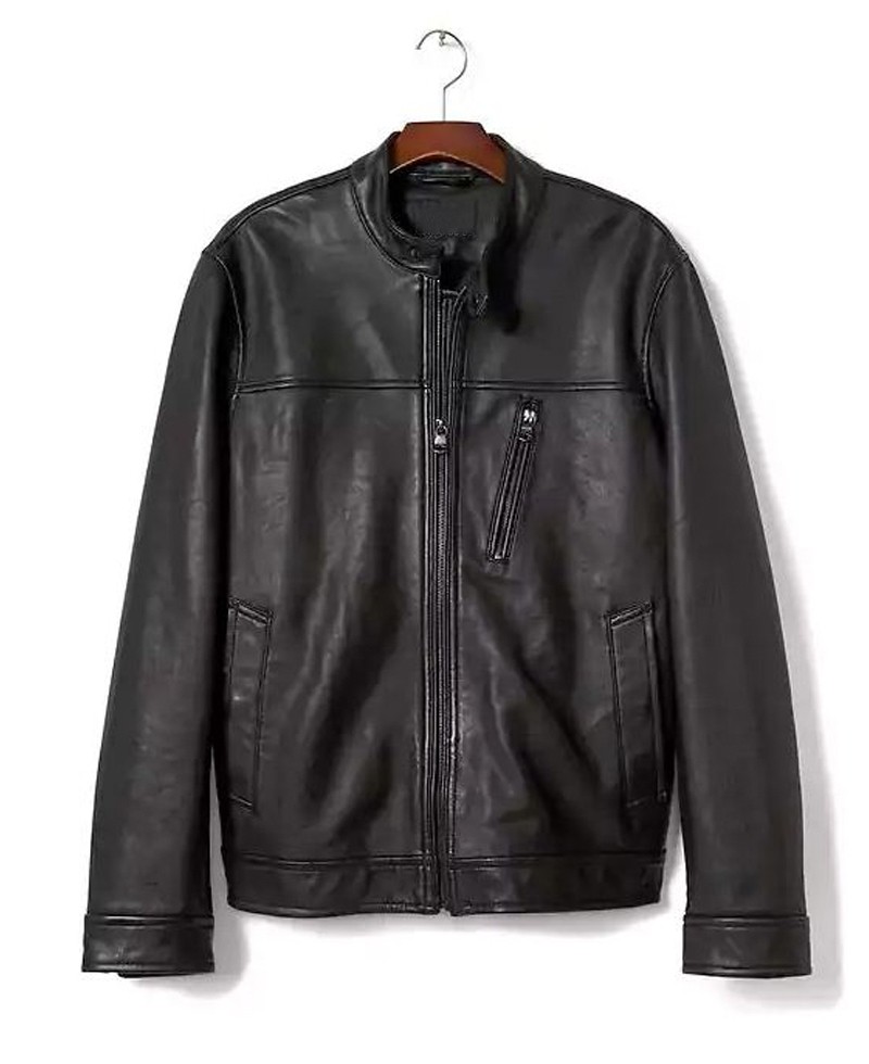 Front view of Drake black leather biker jacket with sleek zip closure and lapel collar Front view of Drake black leather biker jacket with sleek zip closure and lapel collar