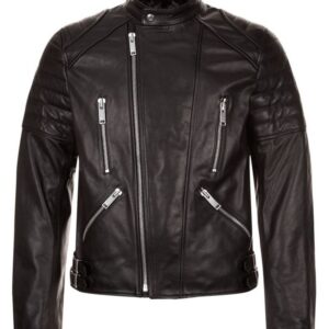 Front view of Gableson black leather biker jacket with premium finish and angled zippers